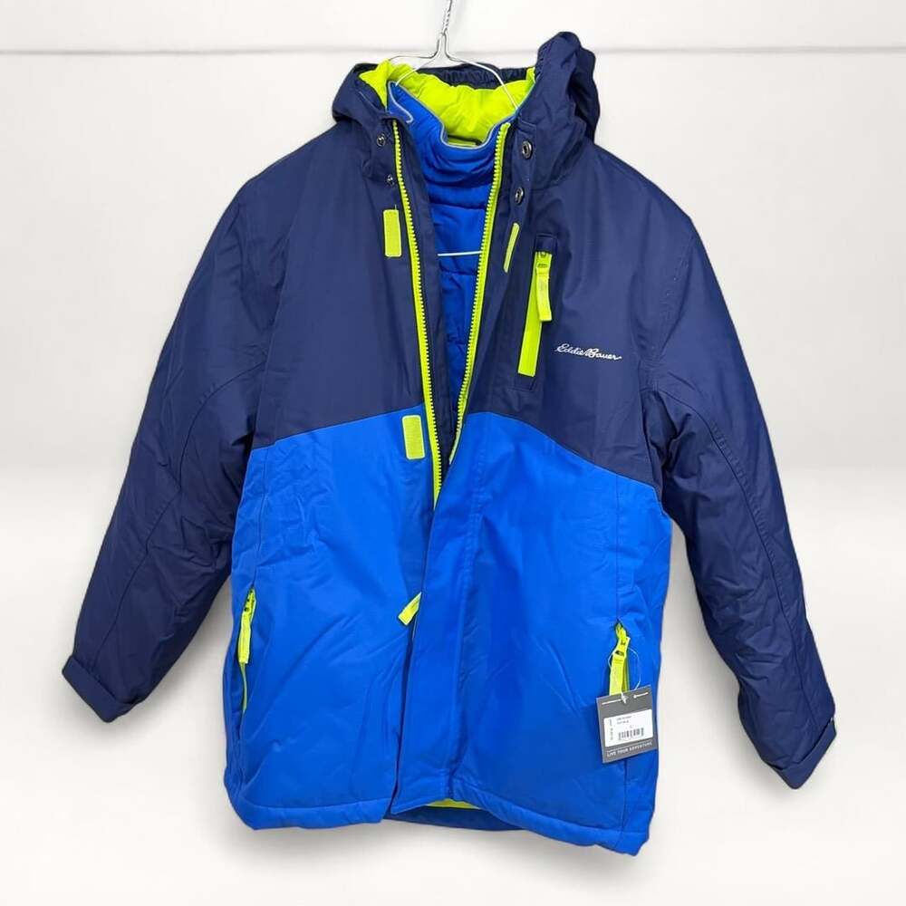 Eddie Bauer 3-in-1 Ski Jacket Kids L (14) Navy Blue Lime Puffer Coat